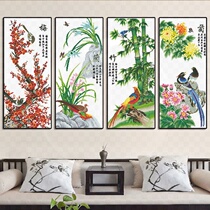 New Chinese-style study room living room decorative painting four screens long strips of Chinese painting four-part plum orchid bamboo and chrysanthemum hanging painting scroll calligraphy and painting
