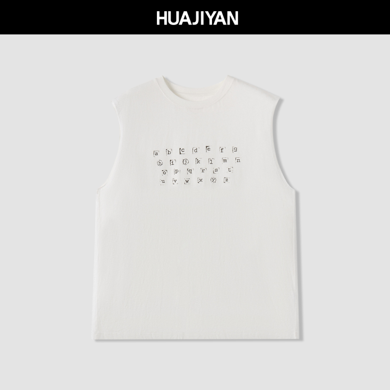 Huajiyan [Letter Vest] Hemp-Cotton Blend Letter Print Vintage Sleeveless T-Shirt Top