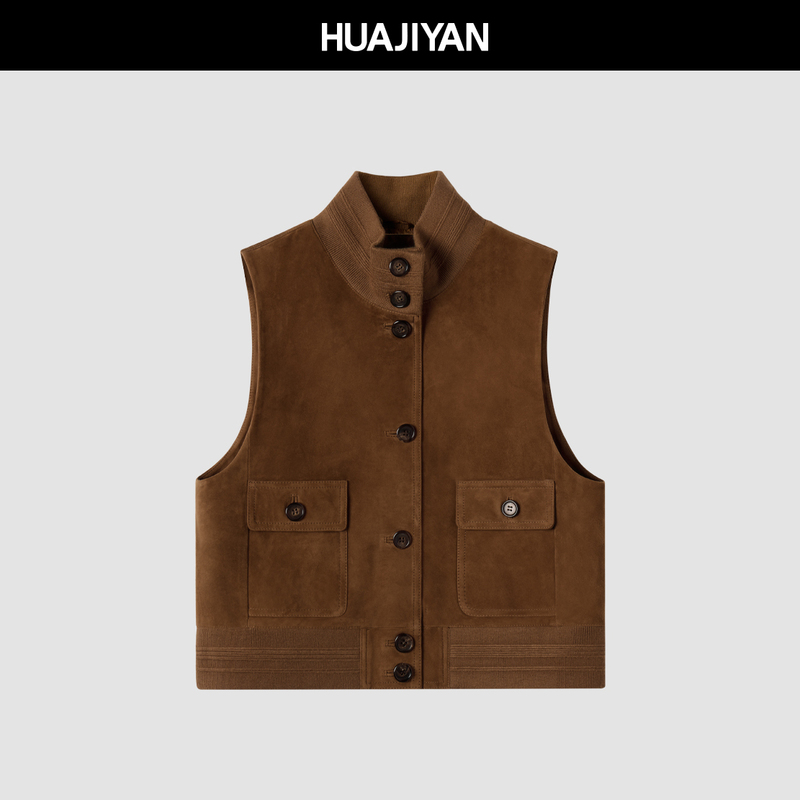 Huajiyan【Kameiro】British Imported Sheep Suede Leather Vest for Women with Stand Collar Design, Sleeveless Straight Top