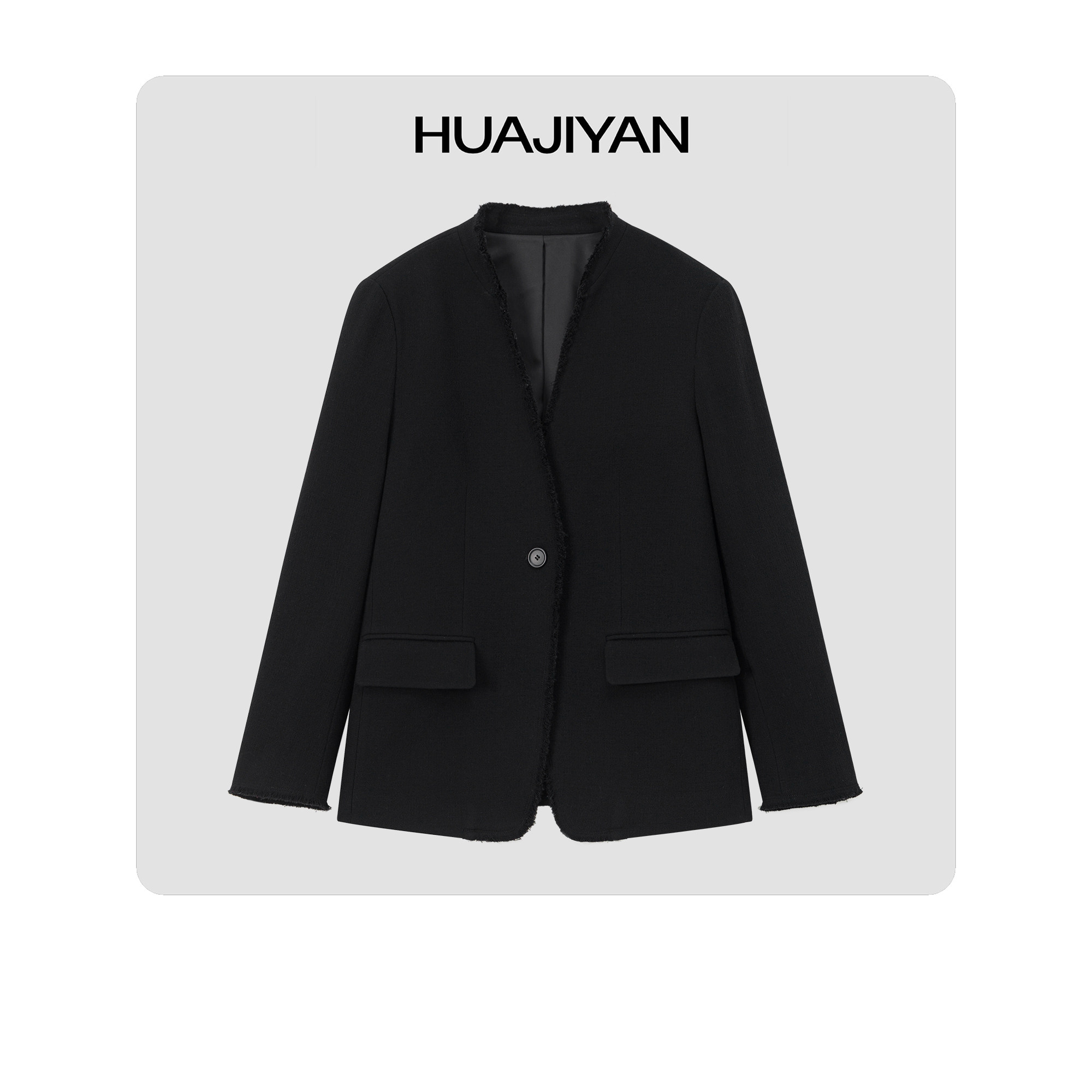 Hua Jiyan [Мельбурн] Прямой костюм из тонкой искусственной шерсти ручной работы с необработанным краем и отложным воротником с тремя открытыми плечами Изображение 1