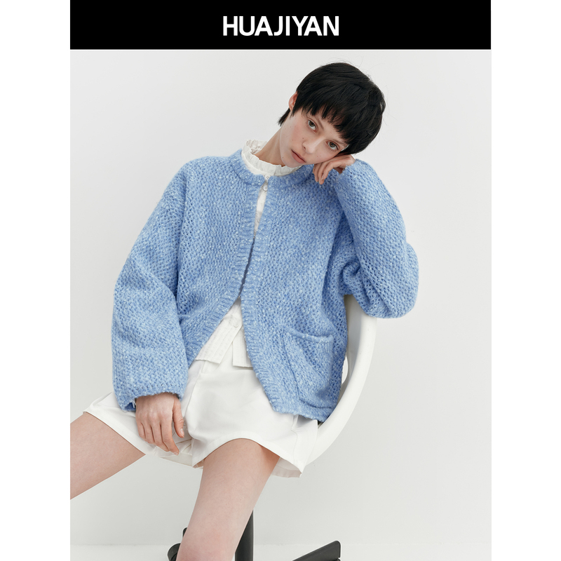 Huajiyan [Smurfs] Sheep Wool Blend Round Neck Loose Hollow Knit Cardigan Top for Women Spring Sweater