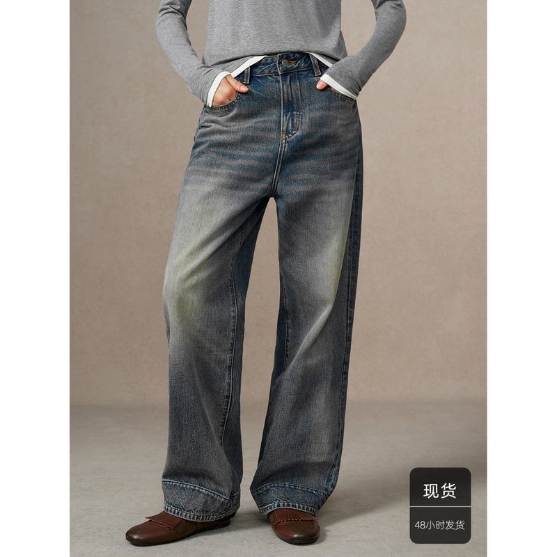 Huajiyan【Frost】Turkish Imported Fabric Vintage Whiskered Washed Blue Loose Straight-Leg Jeans for Women Huajiyan【Frost】Turkish Imported Fabric Vintage Whiskered Washed Blue Loose Straight-Leg Jeans for Women