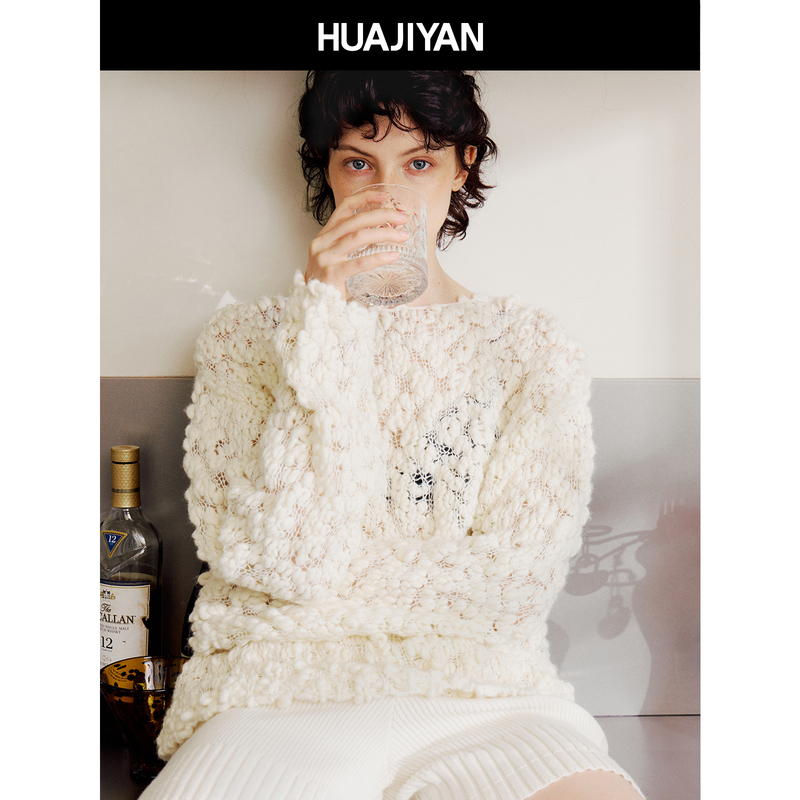 Huajiyan [Yarn Ball] Wool Blend Hand-Knitted Chunky Hollow Sweater 2026 Autumn