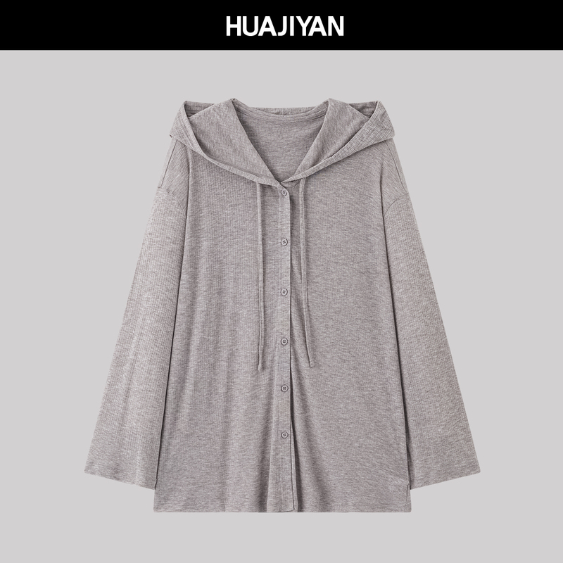Huajiyan [Mist Shadow] Tencel Wool Blend Drawstring Design Mid-Length Hooded Top Jacket