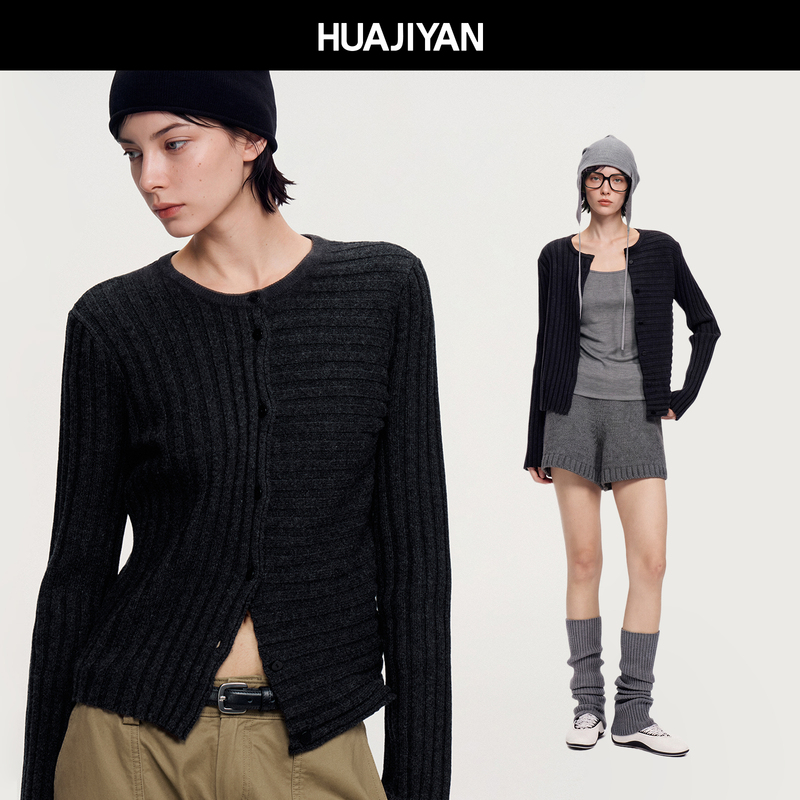 Huajiyan [Meridian and Latitude] 100% Sheep Wool Round Neck Slim Fit Ribbed Knit Cardigan Sweater Jacket for Women Autumn and Winter