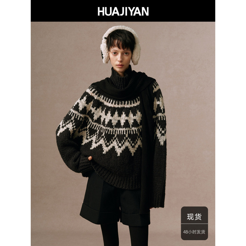 Huajiyan [Roen Sweater] Sheep Wool Blend Turtleneck Loose Diamond Fair Isle Sweater for Women Winter
