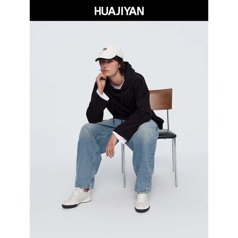 Hua Jiyuan [Safe Zone] Loose-Fitting Drop-Shoulder Straight Drawstring Hooded Long-Sleeve Top Sweatshirt