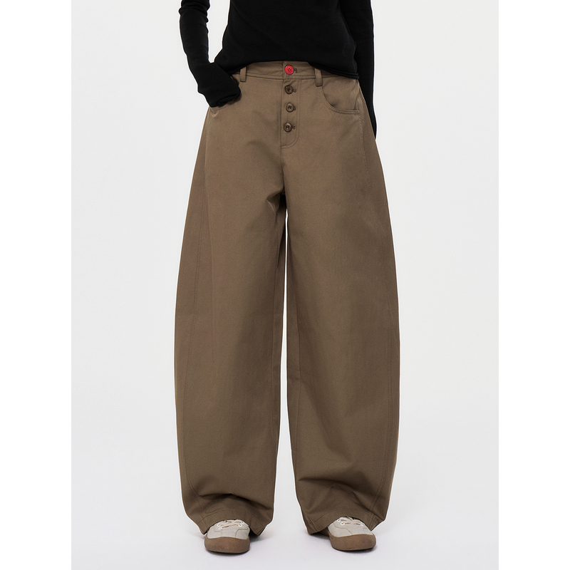 Huajiyan [Red Button] Cotton Blend Button-Placket Vintage High-Waisted Scimitar Casual Trousers 2026 Autumn