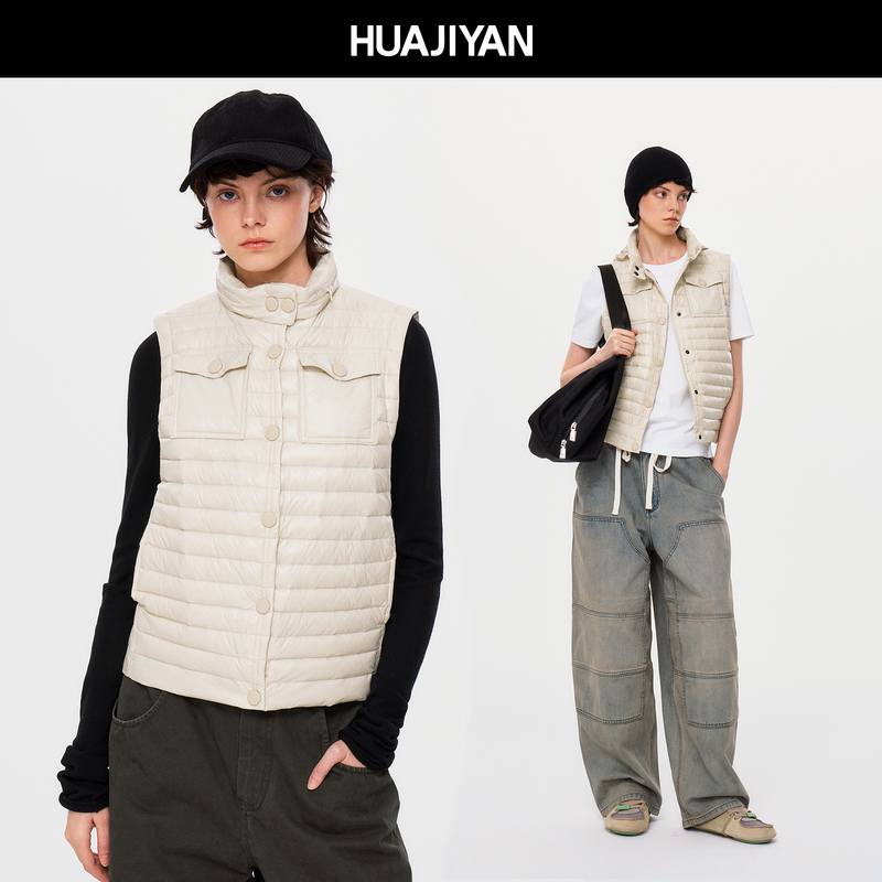 Huajiyan【Snow Country】90% Goose down High-Density Stand Collar Hidden Hood Sleeveless down Vest for Women New Model Huajiyan【Snow Country】90% Goose down High-Density Stand Collar Hidden Hood Sleeveless down Vest for Women New Model