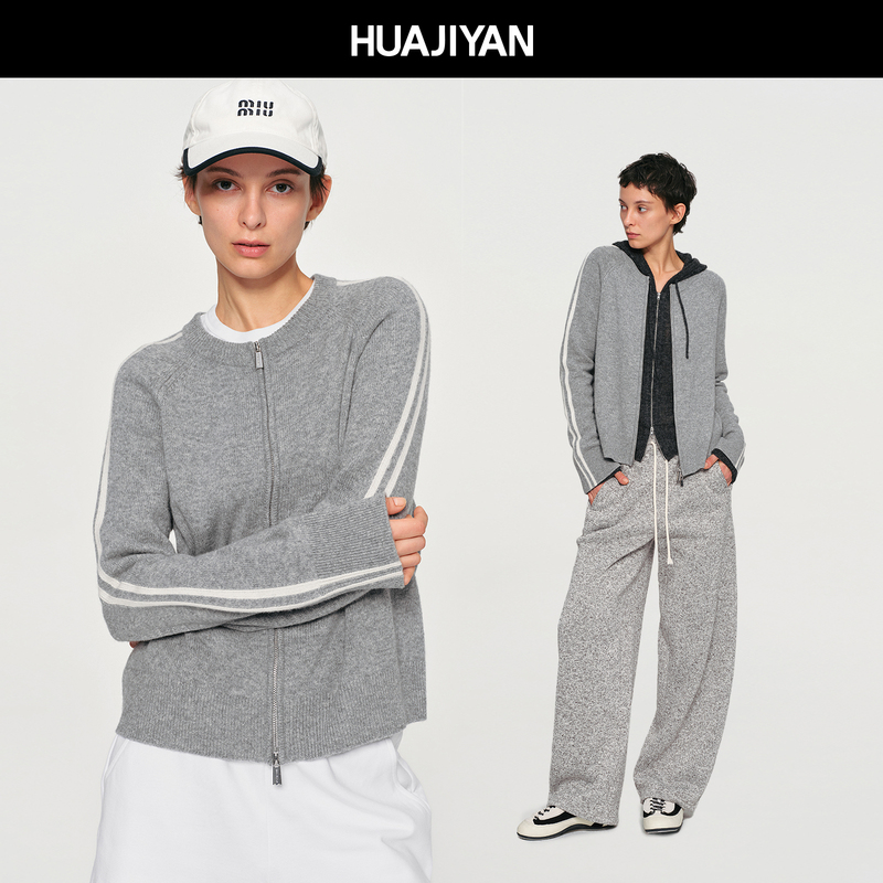 Huajiyan [Equal Line] 100% Wool Shoulder Stripe Round Neck Casual Knitted Cardigan Sweater Jacket for Women Autumn