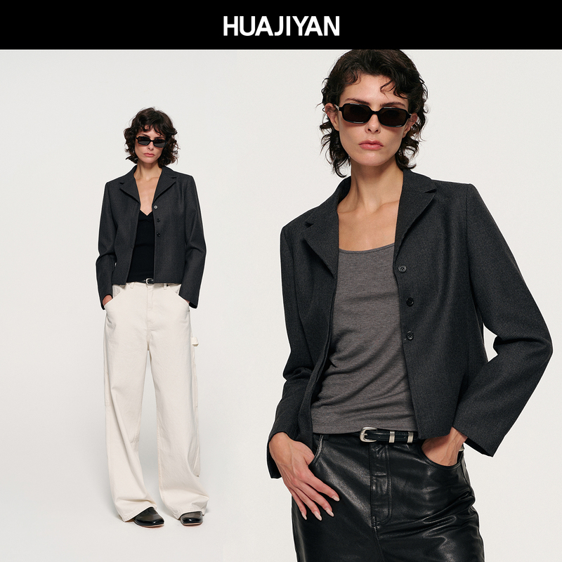 Huajiyan [Houndstooth] 100% Wool Contrast Stitching Notch Lapel Slightly Tapered Waist Short Blazer 2026 Autumn