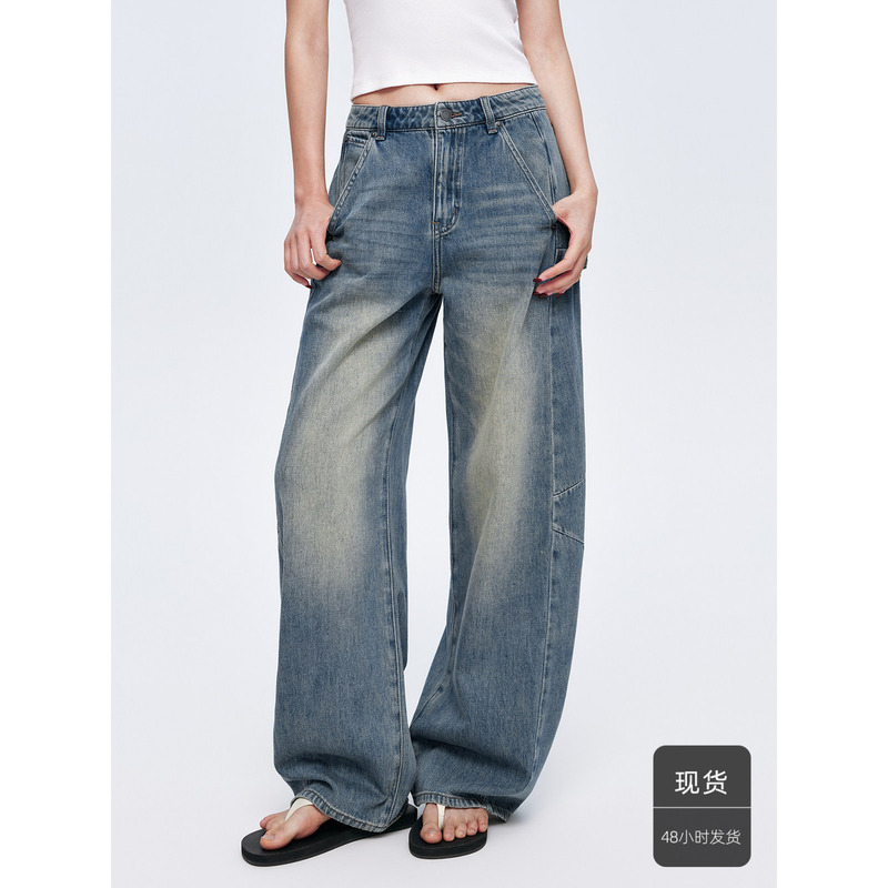 Huajiyan [Bay Denim] Turkish Denim Vintage Washed Mid-High Waist Scimitar Wide-Leg Jeans for Women Summer