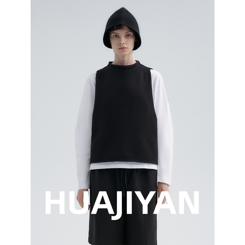 Hua Jiyuan【Knight】100% Wool Rolled Edge Design Round Neck Loose Versatile Sleeveless Knitted Vest for Women