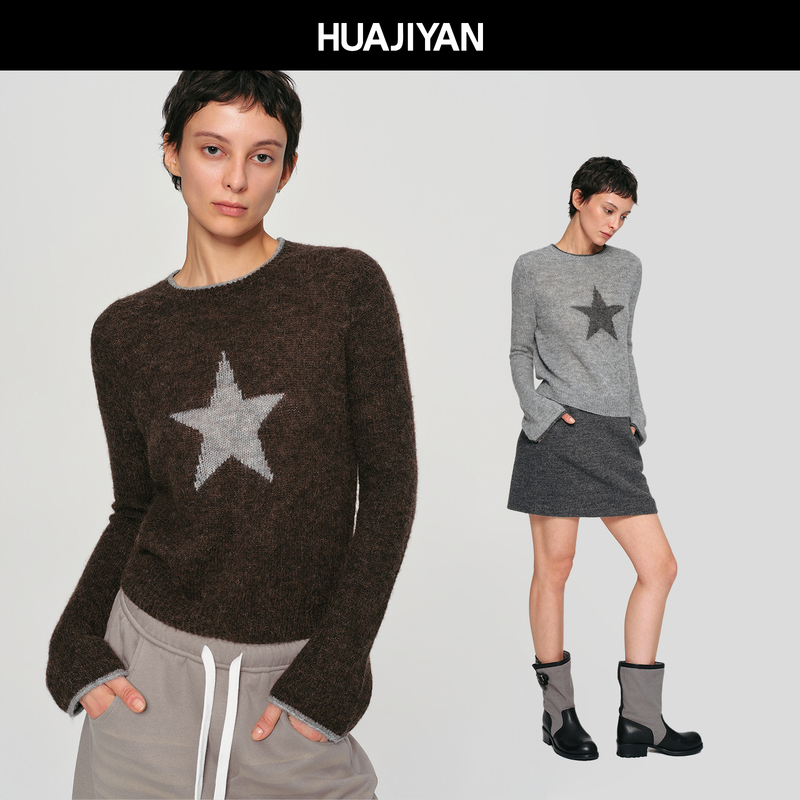 Huajiyan [Star Sweater] Sheep Wool and Alpaca Wool Star Jacquard Round Neck Knit Sweater for Women, Autumn and Winter