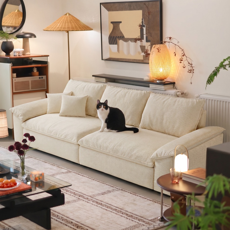 French-Style Cream-Colored Grid Cotton and Linen Sailboat Sofa for Living Room, Apartment, Small Apartment, Removable and Washable Straight-Line Fabric Sofa