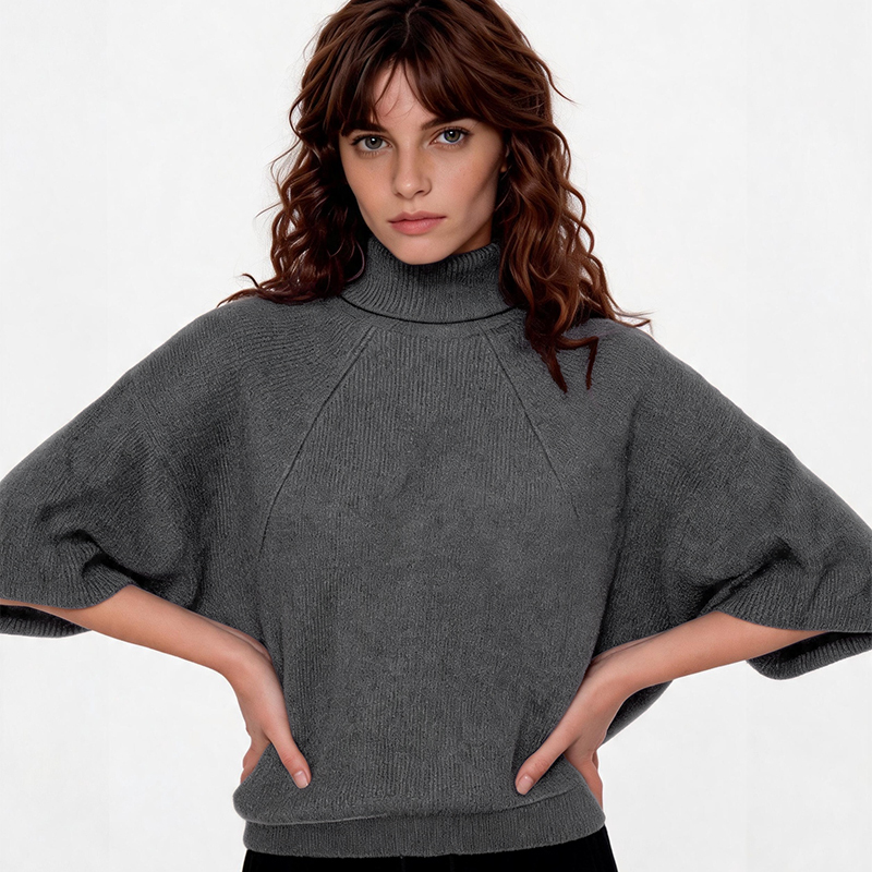 Petit Bari Casual and Relaxed Turtleneck Batwing Sleeve Cape-Style Sheep Wool Sweater Loose Knit Top