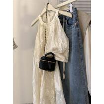 Fat girls high-end French-style halterneck dress for women summer new textured off-shoulder sleeveless long skirt