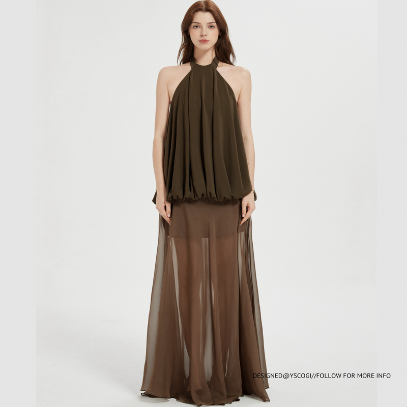 Yscogi Ss25 Spring and Summer Tyndall Style Halter Neck Lace-Up Flower Bud Backless Dress