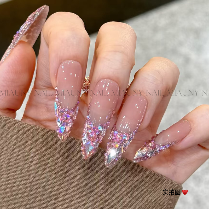 Brilliant Galaxy Pink Sparkling Diamond French Style Handmade Wearable Nail Art with a High-End Feel, Removable Nail Stickers Brilliant Galaxy Pink Sparkling Diamond French Style Handmade Wearable Nail Art with a High-End Feel, Removable Nail Stickers