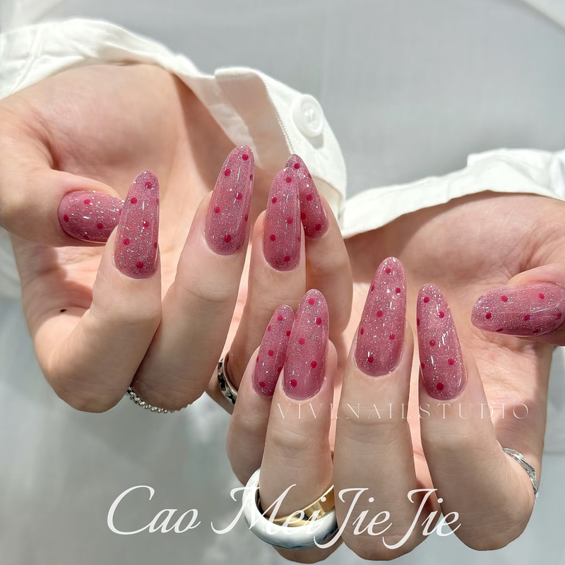 Purely Handmade Wearable Nails, Sparkling Pink Crushed Diamond Polka Dot Manicure, Super Cute and Alluring Style, Nails That Make Your Skin Look Fairer