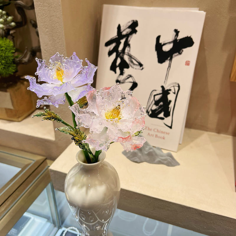 [Peach Blossom] Handmade Glazed Flower Intangible Cultural Heritage Lampwork Glass Vase with Preserved Flowers Glass Ornament Gift