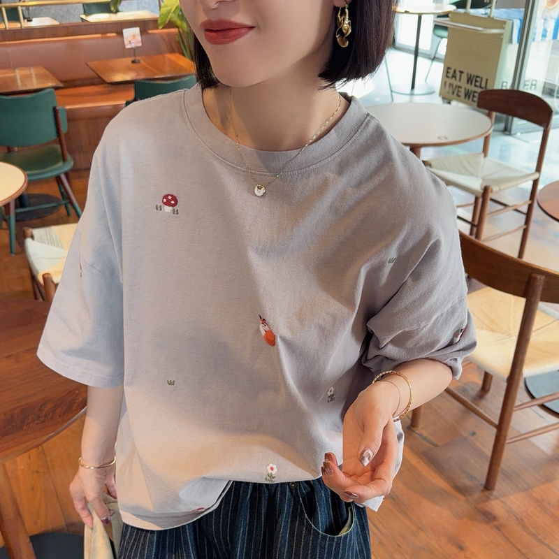 Korean Dongdaemun Women's Spring Workwear Loose Casual Style Embroidered Little Fox Light Gray Drop Shoulder Short-Sleeved T-Shirt