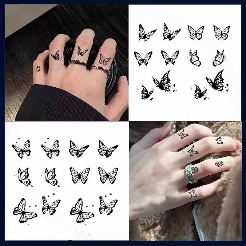 Finger Small Butterfly Tattoo Stickers Waterproof Long-Lasting Nail Art Stickers Black Print Decorative Stickers Nail Decorations