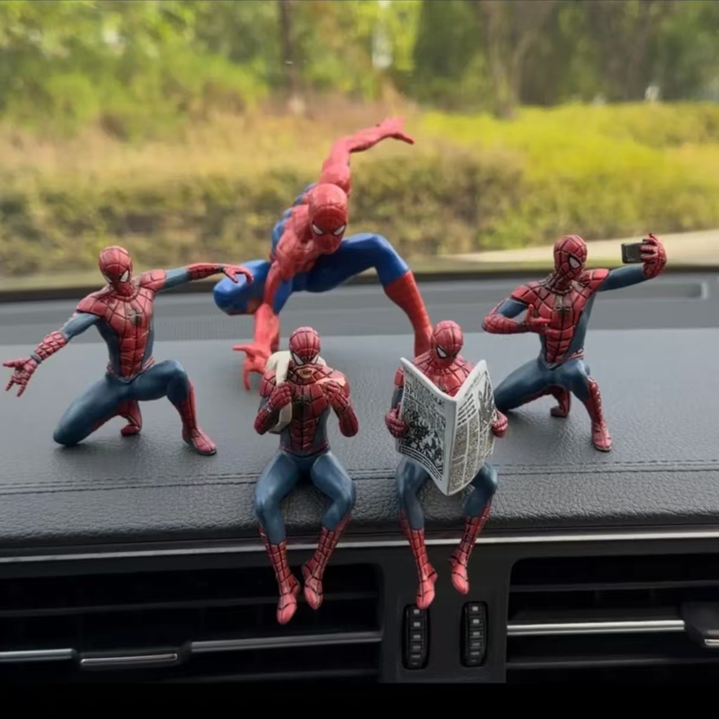 Car-Mounted Marvel Handsome Spider-Man Figurine Taking a Selfie and Reading a Newspaper, Decorative Car Interior Dashboard and Rear Seat Ornament