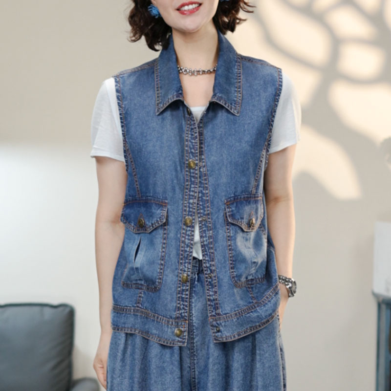 9008 Blue Vintage Tencel Denim Vest with Turn-Down Collar 2026 Summer Artistic Sleeveless Denim Vest