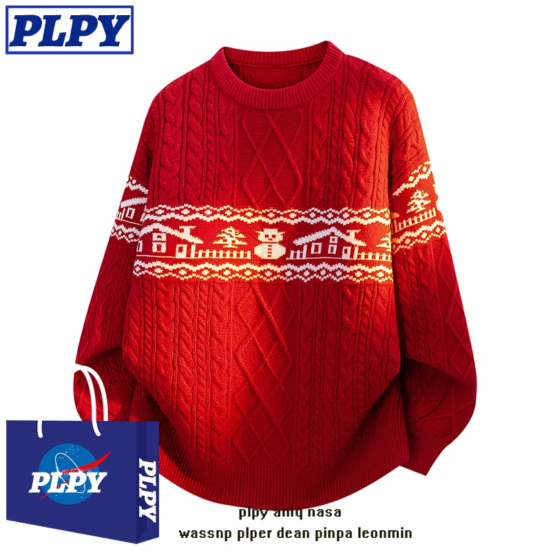 Bright Red Zodiac Year of the Horse Sweater for Men 2026 Winter Warm Lazy Style Christmas Knitwear Casual Sweater