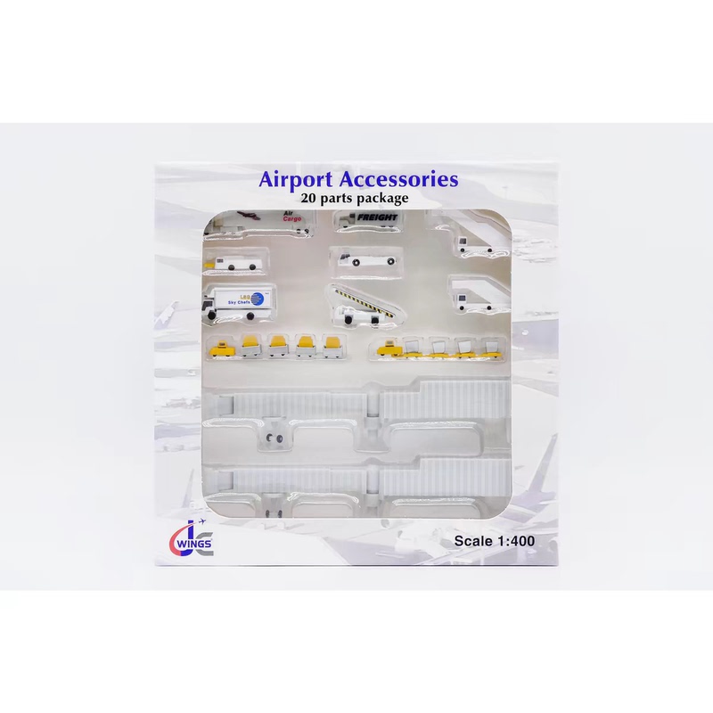 Jc Airport 20-Piece Ground Support Equipment Model Jcgseseta Wheel Carrier, Boarding Vehicle, Dining Car, Bridge Platform, Plastic 1:400