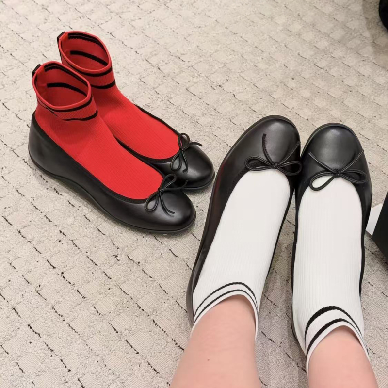 Sheepskin High-End Chanel-Style Round-Toe Flat Ballet Shoes with Bow, Elastic Knit Sock Short Boots for Women, Slimming Effect Sheepskin High-End Chanel-Style Round-Toe Flat Ballet Shoes with Bow, Elastic Knit Sock Short Boots for Women, Slimming Effect