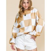 New high-end European and American casual style checkered printed long-sleeved tops for women autumn new warm pullover round neck sweater