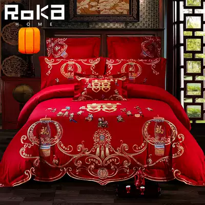 Wedding four-piece group hundred sub-figure big red embroidery Dragon Phoenix wedding new wedding wedding bed sheets quilt cover six or eight sets