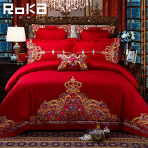 Wedding set of six pieces red embroidery wedding wedding wedding is happy quilt cotton sheets quilt cover bedding 6 seven