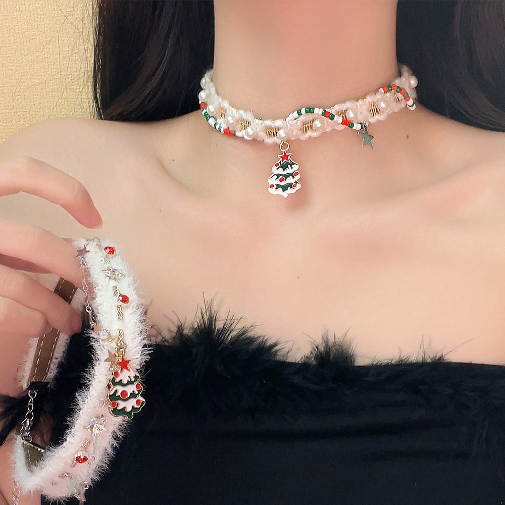 食颜派 圣诞树星星白色毛绒项链 1个【秋冬双层 爆款锁骨链】