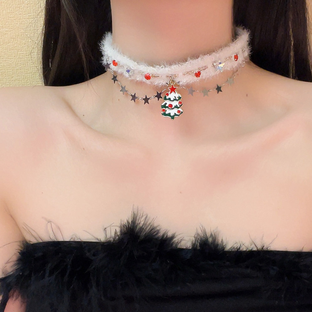 食颜派 圣诞树星星白色毛绒项链 1个【秋冬双层 爆款锁骨链】