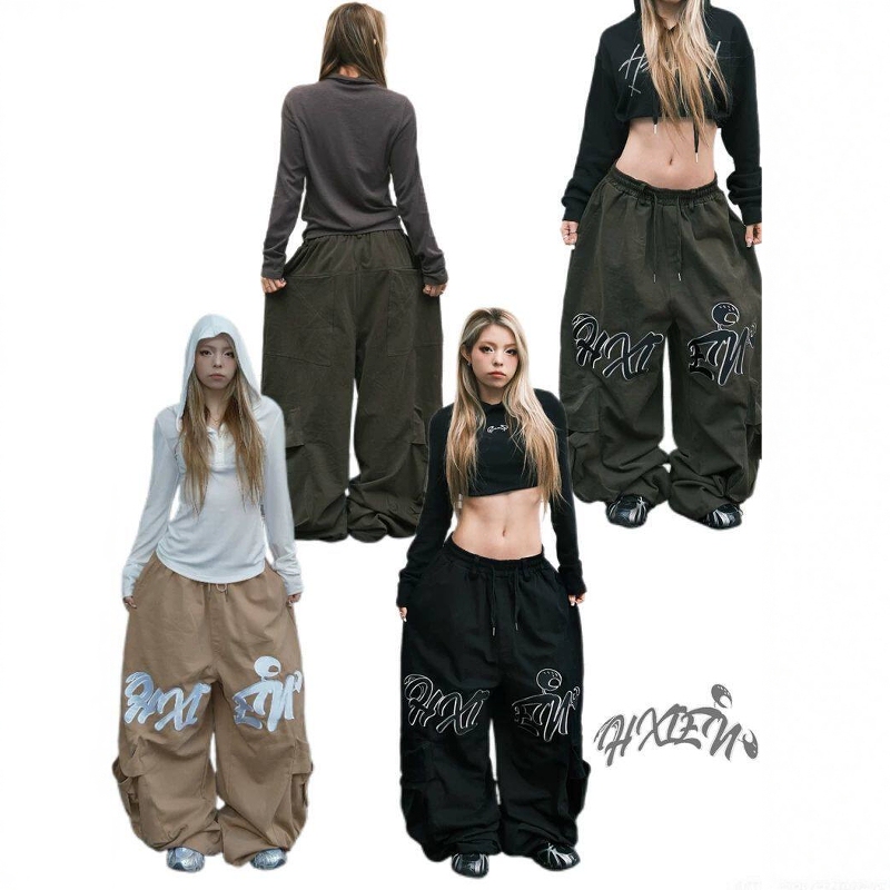 Dopamine Jazz Multi-Pocket Drawstring Parachute Pants for Women, American-Style Large Embroidery, High Street Dance Wide-Leg Trousers, Trendy Dopamine Jazz Multi-Pocket Drawstring Parachute Pants for Women, American-Style Large Embroidery, High Street Dance Wide-Leg Trousers, Trendy
