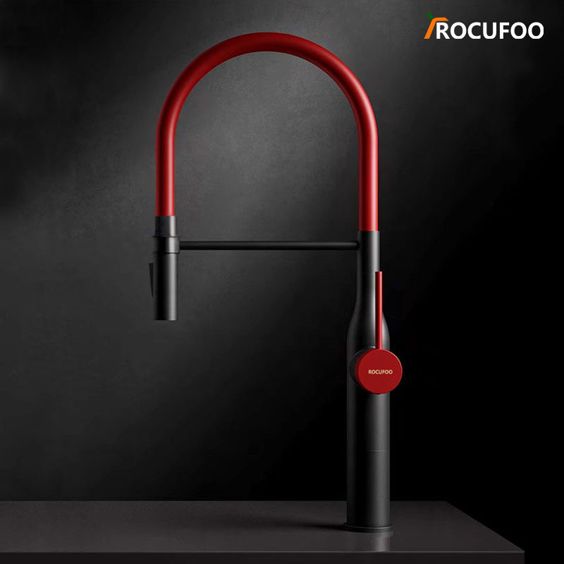 オール銅製の家庭用飛沫防止キッチン水栓、引き出し式シンク／野菜洗い場／温水・冷水対応アイランド型多機能シンク、黒と赤のマグネット式水栓。