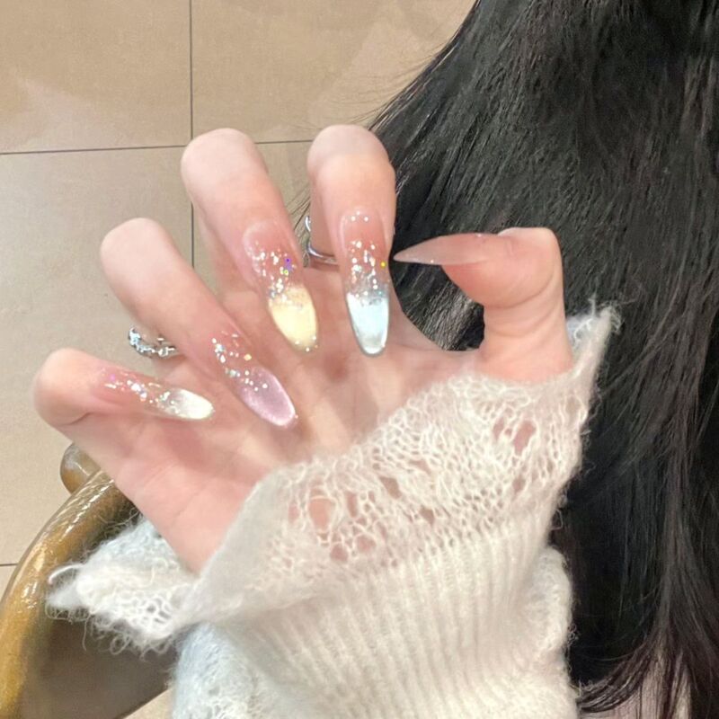 Iridescent Rainbow Candy Color Gradient Cat Eye Manicure, Handmade Nail Art, Wearable Nail Tips, Fake Nail Stickers, Simple and Brightening Iridescent Rainbow Candy Color Gradient Cat Eye Manicure, Handmade Nail Art, Wearable Nail Tips, Fake Nail Stickers, Simple and Brightening