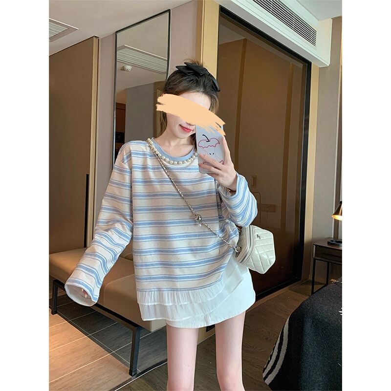 Striped Beaded Long-Sleeved T-Shirt for Women 2025 New Autumn Lace Splicing Design Loose Korean Style Lazy Top Striped Beaded Long-Sleeved T-Shirt for Women 2025 New Autumn Lace Splicing Design Loose Korean Style Lazy Top