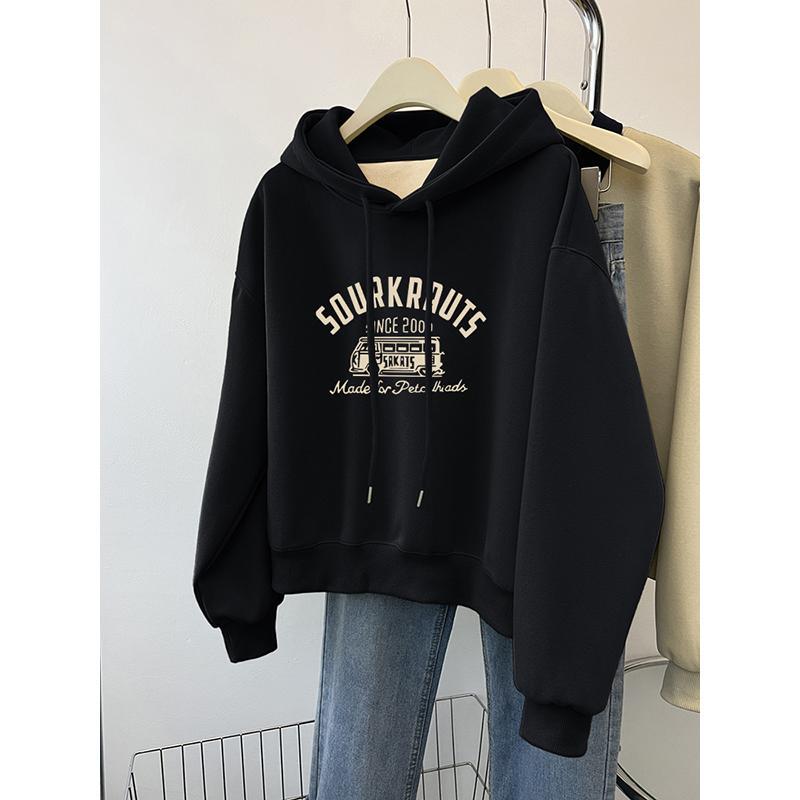 Black Short Sweatshirt for Women 2025 New Popular Autumn and Winter American Style Lazy Loose Fit Petite Top Hooded Jacket