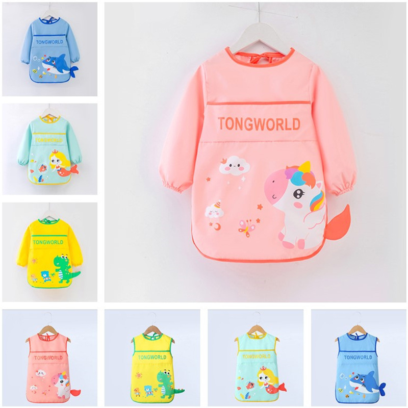 Children's smock spring and autumn waterproof and anti-dirty lengthened baby eating bib for boys and girls reverse wear baby apron