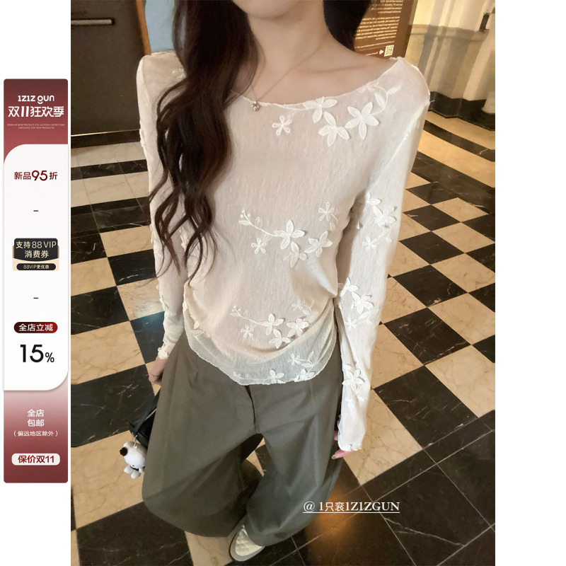 1 Piece of 1Z1Zgun Flying Flower Dream Early Spring New Style Three-Dimensional Embroidered Mesh Long-Sleeve T-Shirt, Transparent Sun Protection Shirt