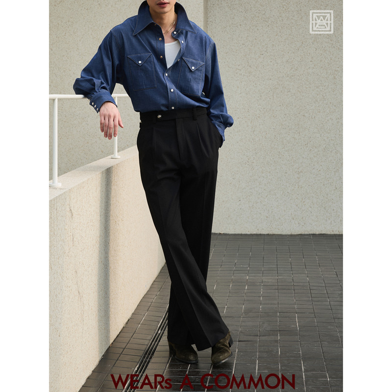 Wsac Yu Sanhuo Single-Pleat Adjustable Waist High-Waisted Straight-Leg Casual Pants Spring New Men's Flared Dress Pants