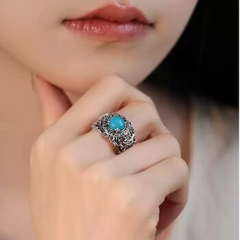 S925 silver vintage distressed turquoise inlaid tang grass hollow carving niche design ring j13124