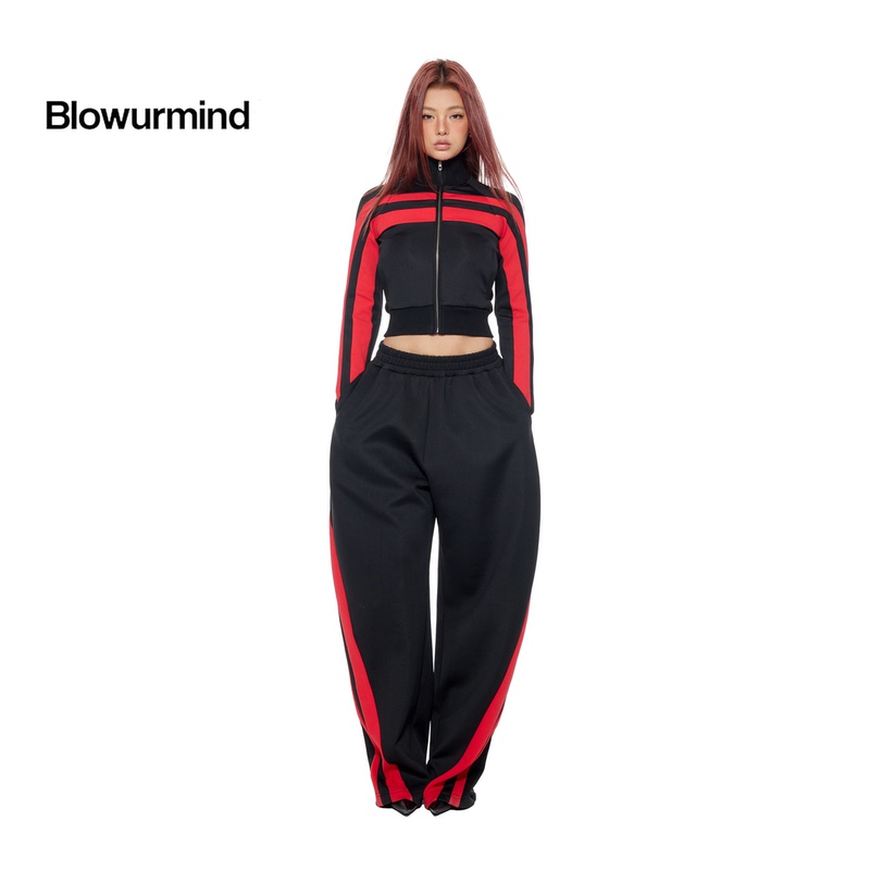 Bum【Z Generation Sports】Retro Street Campus Slim Fit Stand Collar Jacket Loose Diagonal Stripe Sweatpants Set Bum【Z Generation Sports】Retro Street Campus Slim Fit Stand Collar Jacket Loose Diagonal Stripe Sweatpants Set