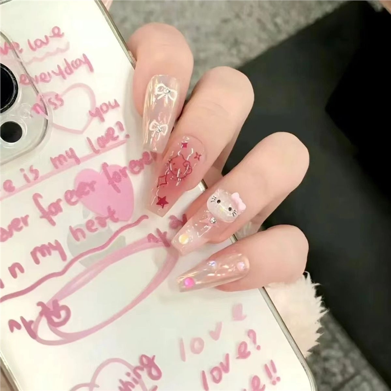 Sparkling Pink Kitty Nail Art, Dazzling Press-On Nails, Medium-Length, Summer Blush, Y2K Millennial Hot Girl, Cute Long Nails