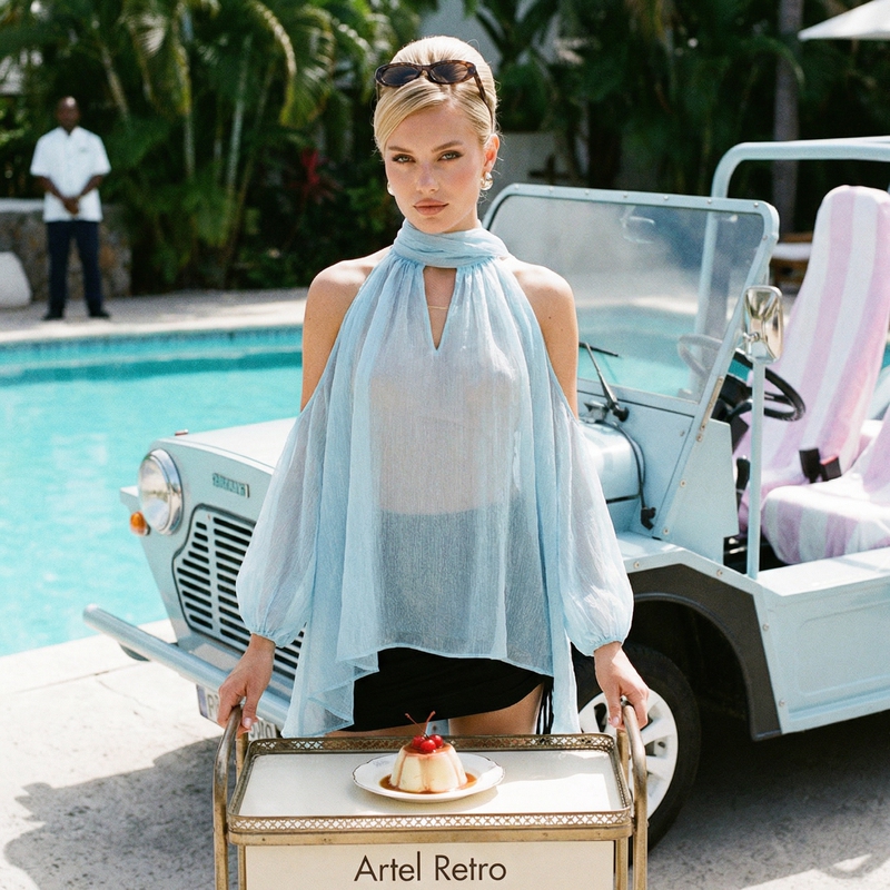 [Same Style as Li Yitong and Cheng Xiao] Artel Retro Original Spring and Summer New Airy Off-Shoulder Ribbon Top