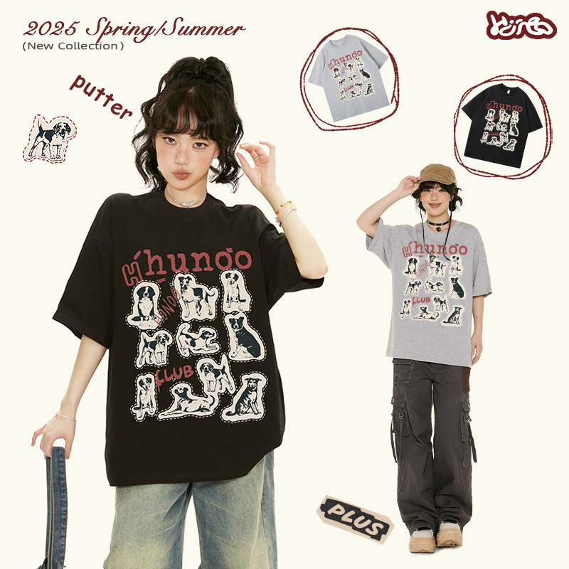 Hunoo Chinese Retro Style Dog Print Short-Sleeve T-Shirt for Women, Loose Design, Niche, Versatile, Casual Couple Outfit